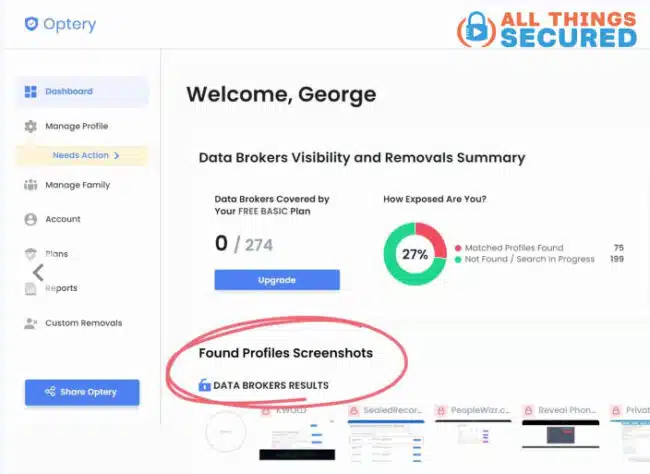 Optery privacy dashboard
