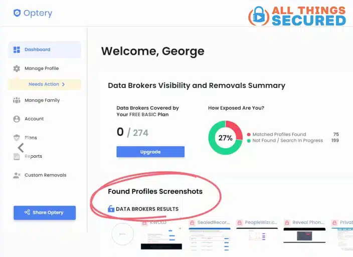 Optery privacy dashboard