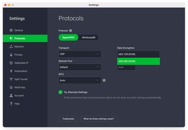 VPN settings for Private Internet Access