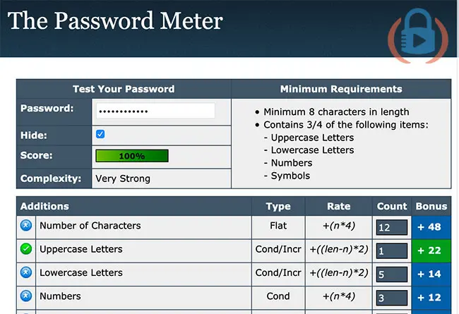 The password meter website screenshot