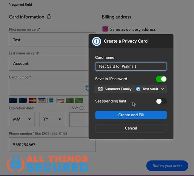 Creating a new Privacy virtual credit card using 1Password