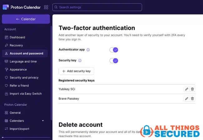 Proton Calendar 2FA settings