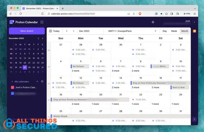 Proton Calendar Dashboard view