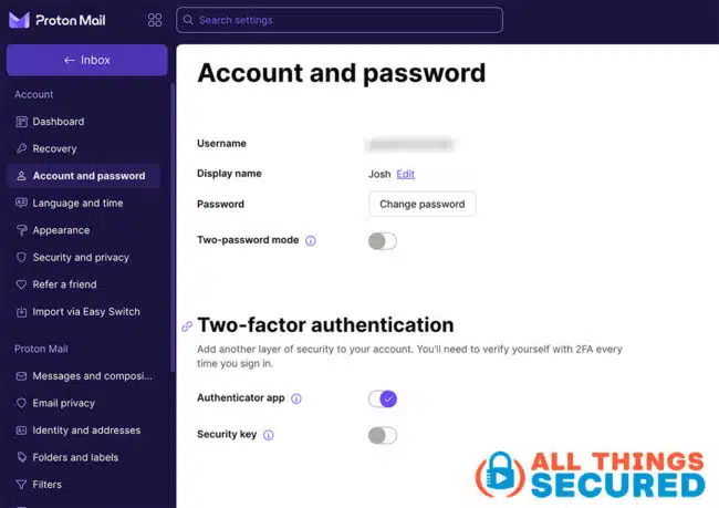 ProtonMail password and 2FA settings