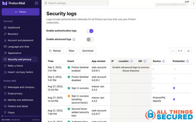 Proton Sentinel Logs example