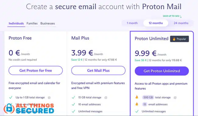 ProtonMail plans and pricing