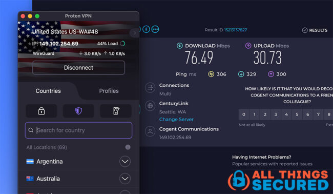 Proton VPN Speed test results