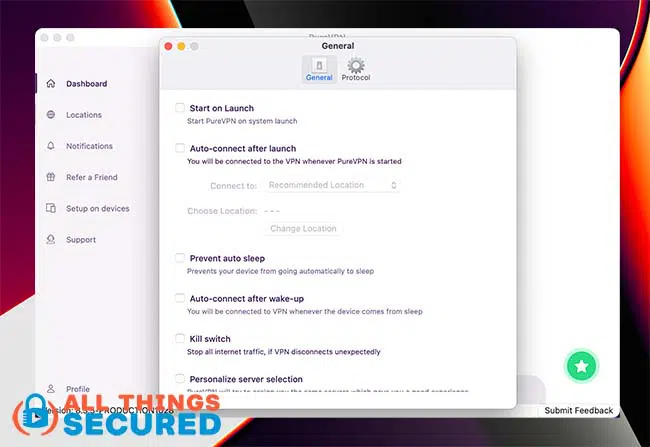 PureVPN Mac app settings