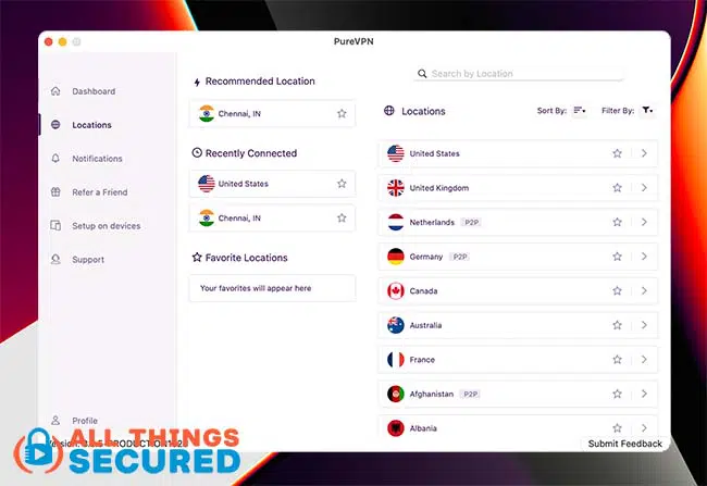 PureVPN Server locations on the desktop app