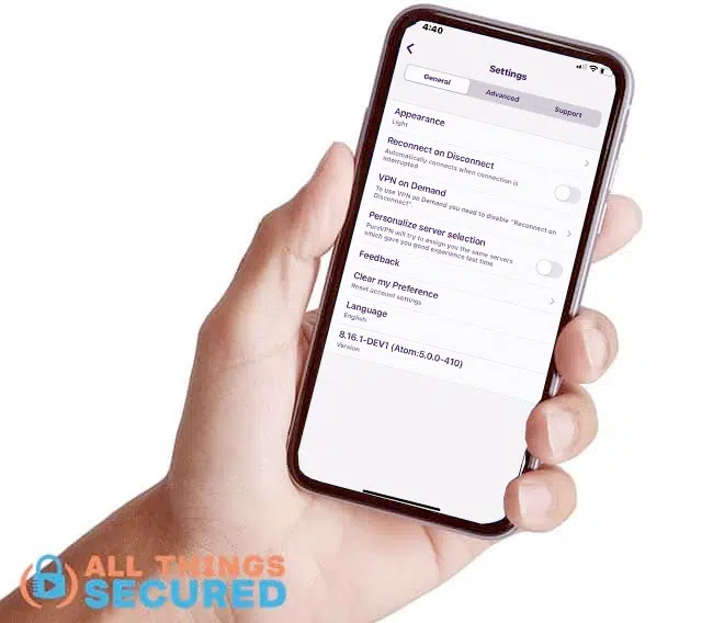 PureVPN iOS app settings