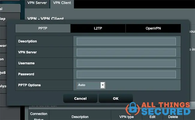 PPTP settings on the Asus WiFi router