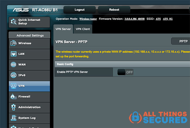WiFi router VPN configuration settings tab