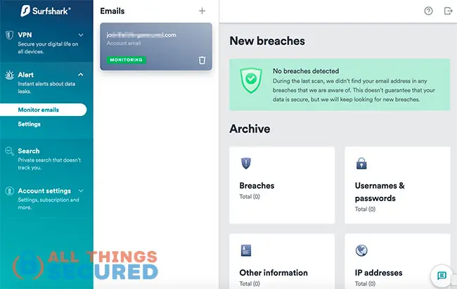 Surfshark Breach alert feature