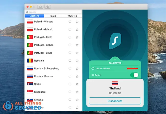 Server list on the Surfshark app