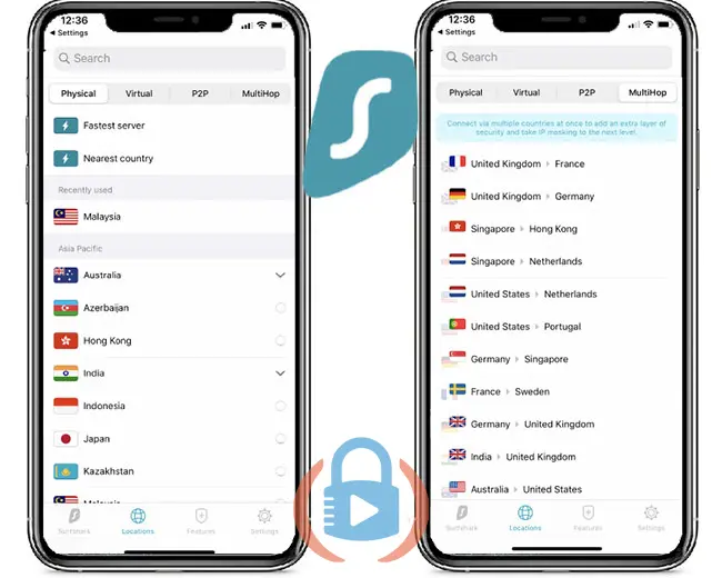 Surfshark mobile app server list