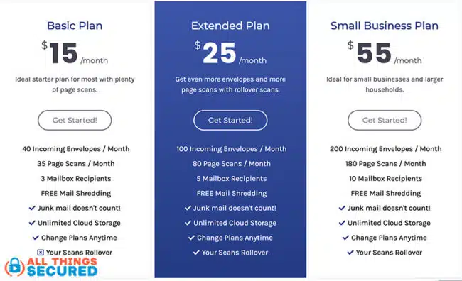 Traveling Mailbox pricing for basic plan, extended plan and small business