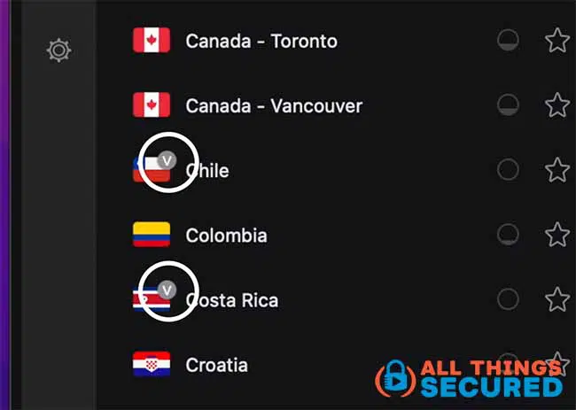 Surfshark marks its virtual servers with a small v