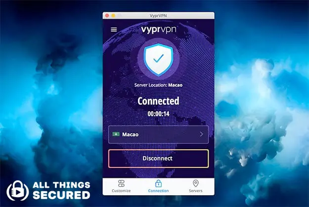 The home screen for the VyprVPN desktop app