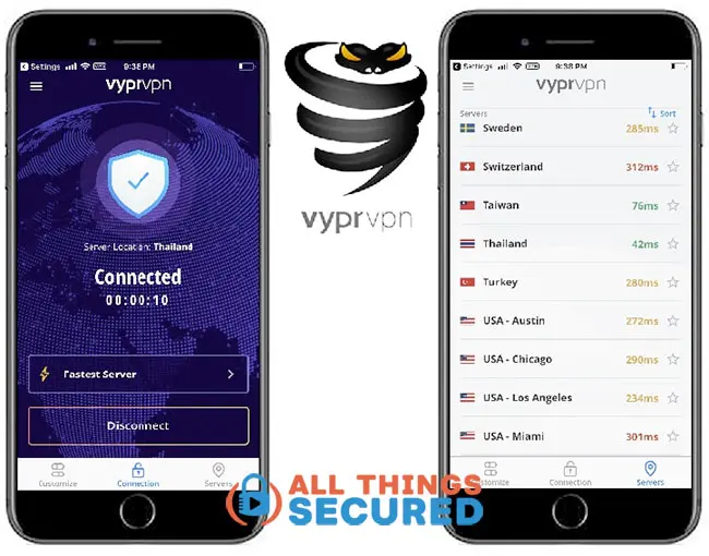 VyprVPN Mobile App home screen and server screen