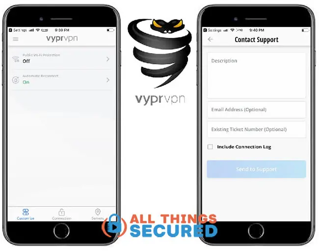 VyprVPN mobile app advanced options and contact tabs
