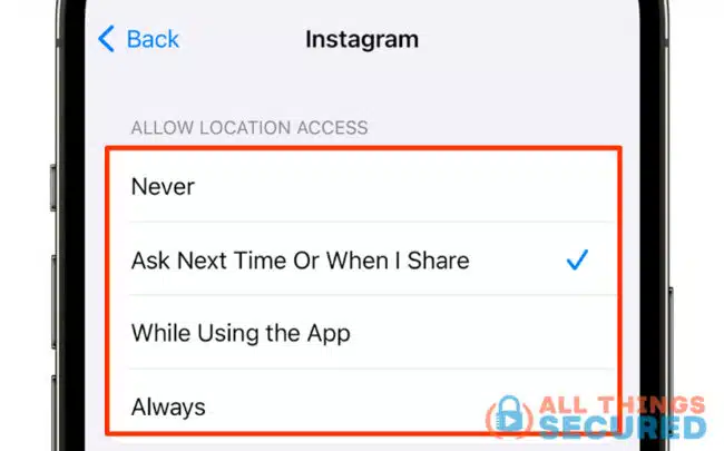 iPhone location services options per app
