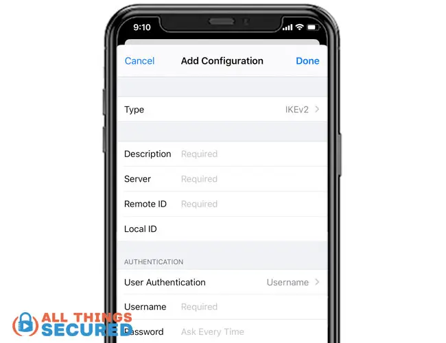 Manual VPN configuration on an iPhone